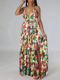 Zjkrl Women Spaghetti Strap Floral Printed Maxi Dress Elegant Summer Boho Beach Slit Dress