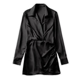 Solid Chic V-Neck Office Lady Satin Dresses For Women 2023 Women&#39;s Long Sleeve Gathered Pullovers Slim Elegant Female Dress