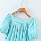 Zjkrl New Women Vintage Drawstring Waist Sky Blue Dress Puff Short Sleeve Ladies Holiday Summer Casual Dress Short Vestido