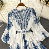 Women Bohemian Dress 2023 Spring Summer Print Long Lantern Sleeve V Neck Corset Slim Button Pleated Dress Women Vacation Dress