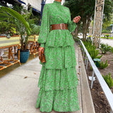 Zjkrl - Boho Pattern Print Ruffle Summer Beach Dress Spring Elegant Turtleneck Office Ladies Dress Women Lantern Sleeve Long Party Dress