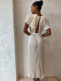 Zjkrl - 2023 Elegant Hollow Out Pleated Dress For Women Fashion Sexy Flare Sleeve Backless A Line Dresses O Neck Office Lady Solid Robe