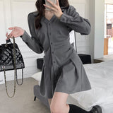 Zjkrl - Chic Long Sleeve Single-breasted Women Shirt Dress 2023 Autumn V Neck Pleated Mini Dresses Korean Gray Slim High Waist Vestidos