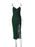 Spaghetti Straps Bodycon Backless Sexy Slit Long Dress Women Party Club Outfits 2023 Summer Solid Holiday Slip Midi Dresses Green