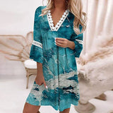 Zjkrl Vintage Print Trumpet Sleeve Boho Beach Dress Women Fashion Lace Patchwork V-Neck Party Dresses Lady Loose A-Line Dress Vestidos