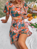 Zjkrl Fashion Hollow Puff Sleeve Slim Party Dress Summer Picnic A-Line Casual Dress Women Elegant Square Neck Floral Print Mini Dress