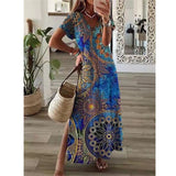 Zjkrl Vintage Print Maxi Dress Women 2023 Summer Elegant V Neck Short Sleeve Loose Split Casual Dress Female Party Boho Beach Vestidos