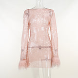 Zjkrl Fall Party Dresses For Women Fashion Sexy Feather Patchwork Long Sleeve Mesh Dress Women Autumn See-through Bodycon Package Hip Party Night Club Dresses