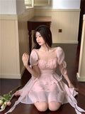 Zjkrl Pink Kawaii France Style Short Dress Women Elegant Evening Party Midi Dresses Cute Sweet Puff  Sleeve Clothing 2023