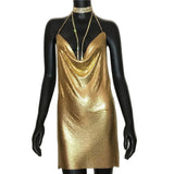 Sexy Gold Sequined Patchwork Mini Dress Women Sleeveless Low Cut Metal Chains Halter Slim Charming Nightclub Party Dresses