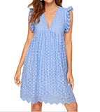 Zjkrl - 2023 Summer New Women Casual  Mini Dress Solid Sweet Princess Hollow Out Sleeveless V-Neck Cotton Streetwear lady Party Vestidos