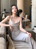 Zjkrl - Back to School Summer New Women Elegant Spaghetti Strap Long Dress French Style Sexy Slim Prom Evening Party Dresses Korean Fashion Clothing