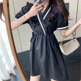 Summer New Light Luxury Stitching Little Black Dress Puff Sleeves Little White Dress Lady Temperament Little Fragrance Dress