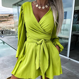 Zjkrl - Elegant Pocket Solid Holiday Dress Spring Casual Long Sleeved Mini Dress Fashion V-neck Lace Up Waist Pleated Short Dress Mujer