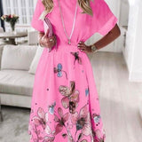 Vintage Floral Print Short Sleeve Beach Dress New Summer Casual O Neck Boho Dress Women Loose Elastic Waist Office A-line Dress