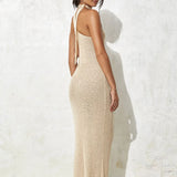 Zjkrl - Fashion Women's Dresses Solid Color Sexy One Shoulder Halter Bandage Backless Knitted Long Dress