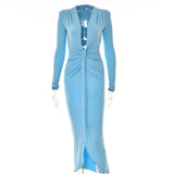 Zjkrl - Elegant Pleated Casual Bodycon Long Dress Autumn Winter Women Slim Evening Party Robe Sexy Bandage Ladies Dress