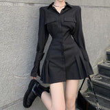 Zjkrl - Black Shirt Dress Women Elegant Vintage Long Sleeve Dresses Sexy Gothic Pleated Streetwear Turn-down Collar Casual Robe