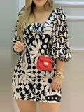 Zjkrl - Floral Print Lantern Sleeve Casual Dress Women Square Neck Mini Dress