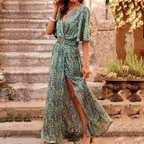 Zjkrl - Elegant Split Party Streetwear Dress Women Half Sleeve Chiffon Dress Fashion Beach Printed Summer Dress V Neck Long Cover Up