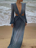Zjkrl Sexy V-Neck Backless Hollow Out Dress 2023 Summer Women Lantern Sleeve Club Party Long Maxi Dresses Tunic Beach Cover Up A916
