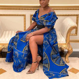 Zjkrl Dashiki Print Ankara Dresses African Women Clothes Summer Bohe Sexy V-neck Backless Slit Maxi Dress Kanga Clothing Plus Size