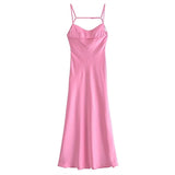 Zjkrl - 2023 New Women Hollow Design Silk Satin Texture Midi Suspender Dress Summer Sexy Revealing Back Slit Slim Pink Dress