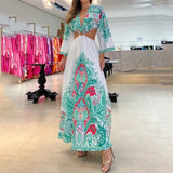 Women Maxi Dress Casual Long Sleeve V Neck Cutout Open Waist Retro Print Beach Party Dresses High Streetwear