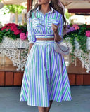 Zjkrl - Elegant Turn-down Collar Button Blouse + Skirts Suit Autumn Fashion Striped Print Two Piece Sets Casual 3/4 Sleeve Women Outfits