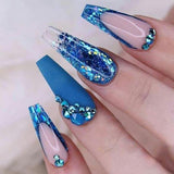 Zjkrl - 24Pcs Full Cover False Nails Red Rhinestone Planet Long Ballerina Coffin Nail Tips Detachable Fake Nails Press on Nails Manicure