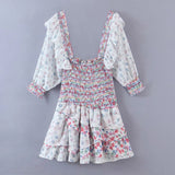 Zjkrl Summer Mixed Floral Prints Ruffled Holiday Dress Square Neck Smocked Sexy Laides Dress Mini Dress