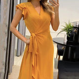 Women Maxi Dress Summer Casual Solid Butterfly Short Sleeve V Neck Lace Up Nipped Waist Ruffle Party Dresses