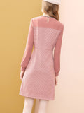 Zjkrl - Fashion Pink Long Sleeve Dress Winter High Waist Tweed French Women Party A-Line Dresses Knee Length Holiday Vestidos
