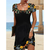 Zjkrl 2023 Summer Women&#39;s Wavy Neck Print Short-sleeve Dress Elegant Casual Floral Theme Printed Female Fashionable Knee Length Dress