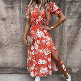 Vintage Floral Print Dresses Women Summer Sexy V Neck Side Slit Elegant Long Dress Female Casual Short Sleeve Button Party Dress