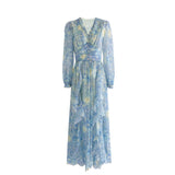 Luxury Button Decor Artistic Van Gogh Starry Painting Print Flowy Long Party Dinner Dresses Women Ruffles Vintage Robes