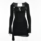 Zjkrl - Hollow Out Spaghetti Strap Dresses Women Sexy High Waist Long Sleeve Party Outfits Solid Backless Black Fishbone Dress