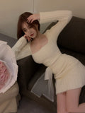 Winter Sexy Knitted Two Piece Set Women Korean Fashion SlimParty Mini Skirt Suit Female Long Sleeve Bow Sweater Skirt Set 2023