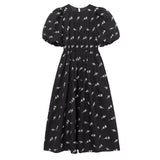 New Fashion Women Floral Embroidery Black Midi Dress Vintage Puff Sleeve O Neck Female Dress