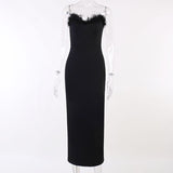 Zjkrl - Elegant Strapless Long Party Dresses Women Bodycon Sexy Fashion Feather Sexy Sleeveless Backless Party Club Midi Dress