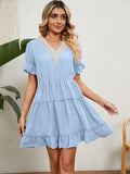 Summer Short Sleeve Dresses For Women Fashion Lace Stitching V Neck Elegant Plus Size Beach Casual Ruffles Mini Dress Vestidos