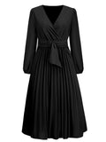 Zjkrl - Dress for Women Solid Color V Neck Long Sleeve Slim-fitting Pleated Dress Spring Summer Temperament Elegant Evening Party Skirts