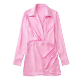 Solid Chic V-Neck Office Lady Satin Dresses For Women 2023 Women&#39;s Long Sleeve Gathered Pullovers Slim Elegant Female Dress