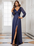 Zjkrl - Elegant Evening Dresses V-Neck Long Sleeves A-LINE Floor-Length Gown 2023 Ever pretty of Burgundy Simple Bridesmaid dress Women
