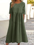 Zjkrl Vintage Dress O-Neck Half Sleeve Solid Dresses Summer Women Mid-Calf Length Robe Female Causal Holiday Sundress Kaftan