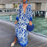 Zjkrl Women Elegant V Neck Loose Party Dress Lady Retro Printing Long Sleeve Holiday Dress Autumn Casual Femme Dress Streetwear