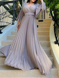 Zjkrl Sexy V-Neck Pleated Dinner Party Dress Women Yellow Elegant  with Belt Long Sleeve Robe Femme African Maxi Red Vestido