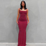Zjkrl 2023 Summer Women Sexy Spaghetti Strap Black Skims Long Dress Y2k Sleeveless Solid Skinny Bodycon Trumpet Maxi Dresses Vestidos