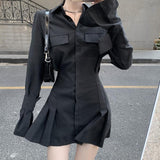 Zjkrl - Black Shirt Dress Women Elegant Vintage Long Sleeve Dresses Sexy Gothic Pleated Streetwear Turn-down Collar Casual Robe