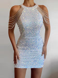 Zjkrl 2023 Sexy Sleeveless Off Shoulder Skinny Dress Fashion Mini High Waist Party Dress for Women Elegant Halter Chain Sequin Dress